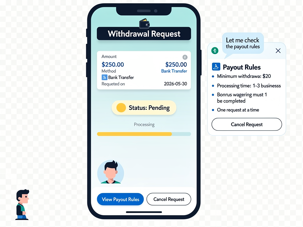 A withdrawal request screen showing pending status while the player checks payout rules.