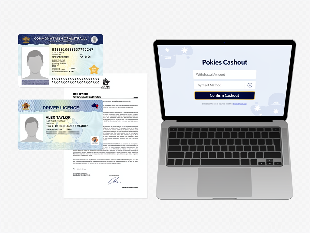 Identity verification documents beside a laptop before an Australian pokies cashout.
