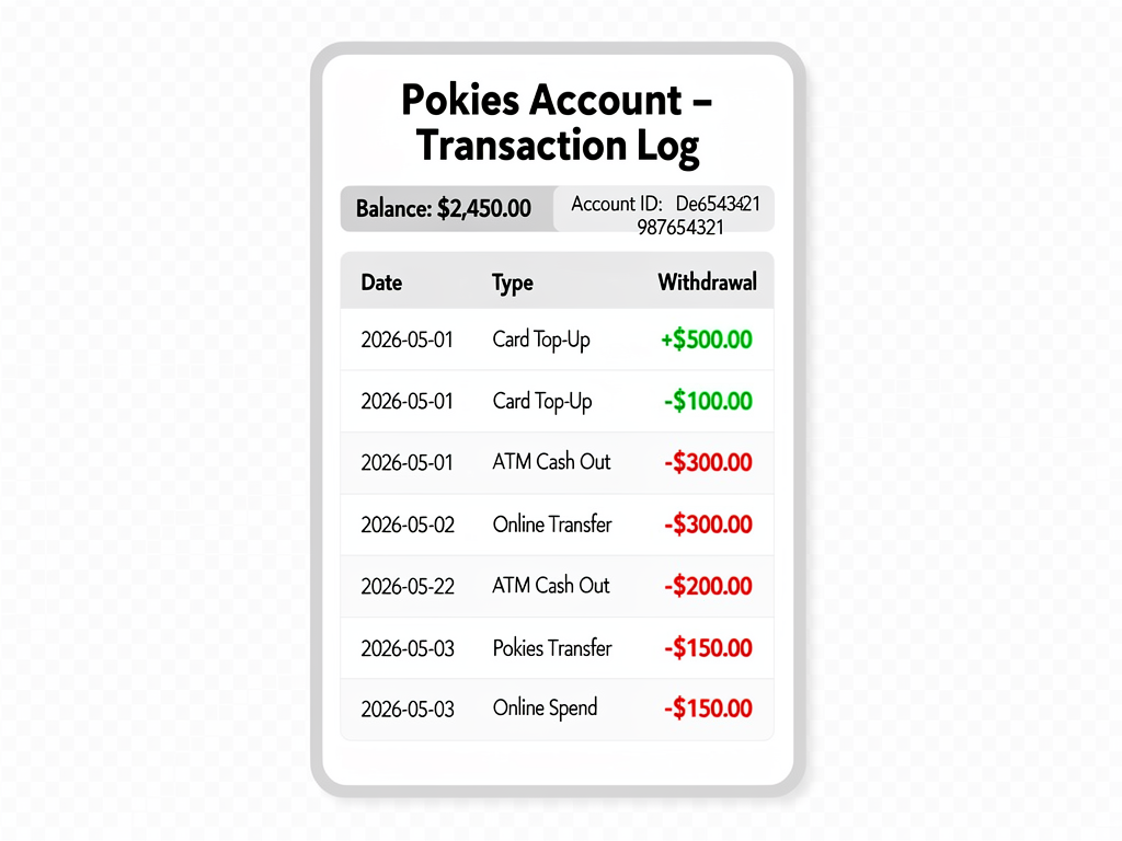 A transaction log showing deposits and withdrawals checked against a pokies account.