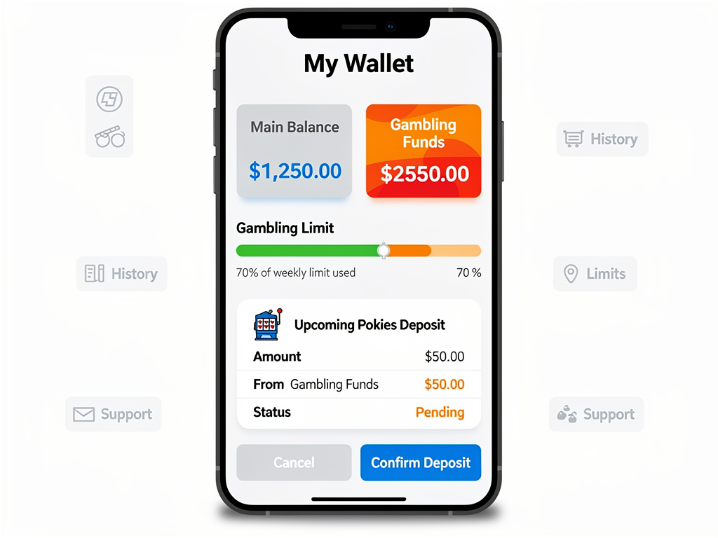 An e-wallet dashboard showing separate gambling funds before a pokies deposit.
