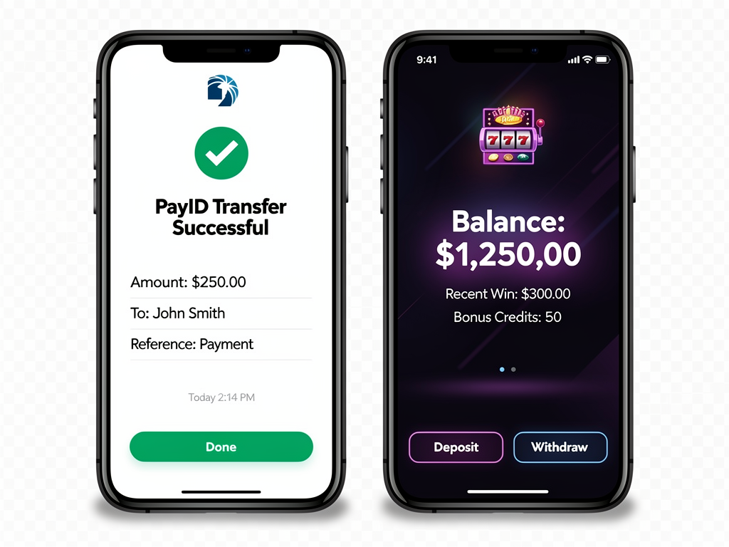 A PayID bank transfer confirmation on a phone beside a pokies account balance screen.