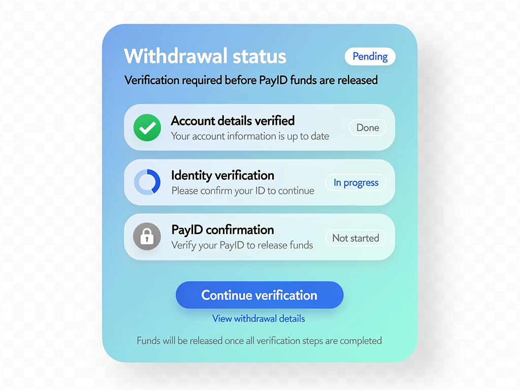 A withdrawal status page showing verification steps before PayID funds are released.