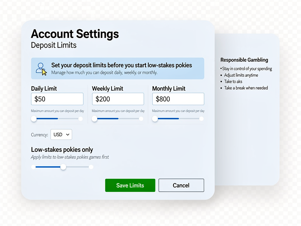 A casino account page showing deposit limits before a player starts low-stakes pokies.
