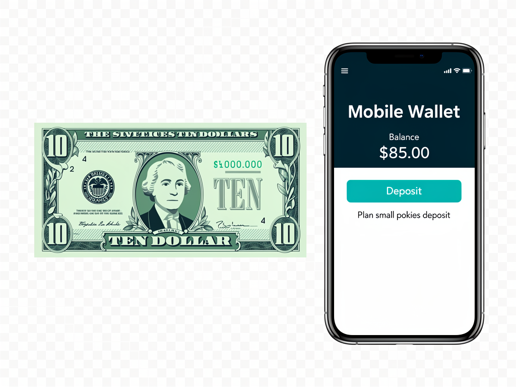 A ten dollar note beside a mobile wallet screen used to plan a small pokies deposit.