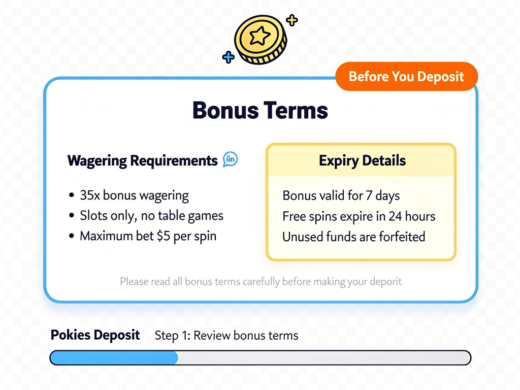 A bonus terms panel with wagering and expiry details highlighted before a pokies deposit.
