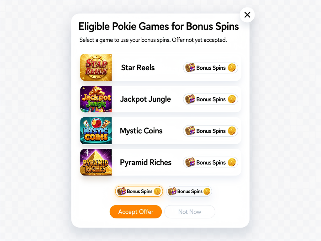A list of eligible pokie games for bonus spins shown before the player accepts the offer.