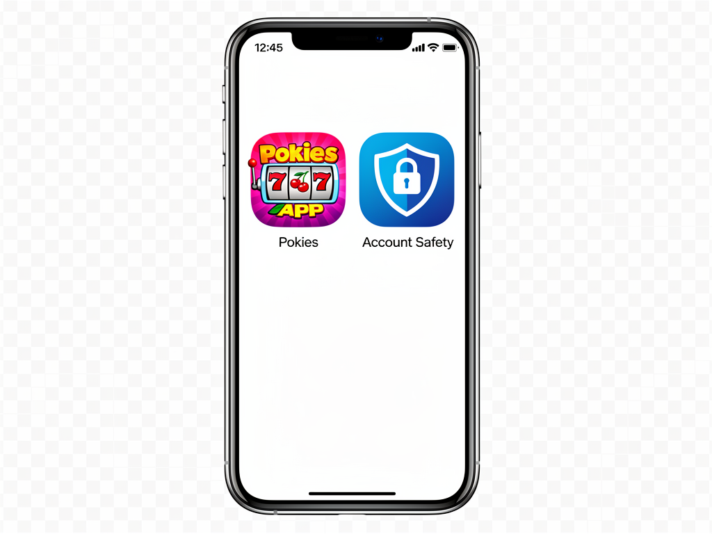 A smartphone home screen showing a pokies app icon next to account safety settings.