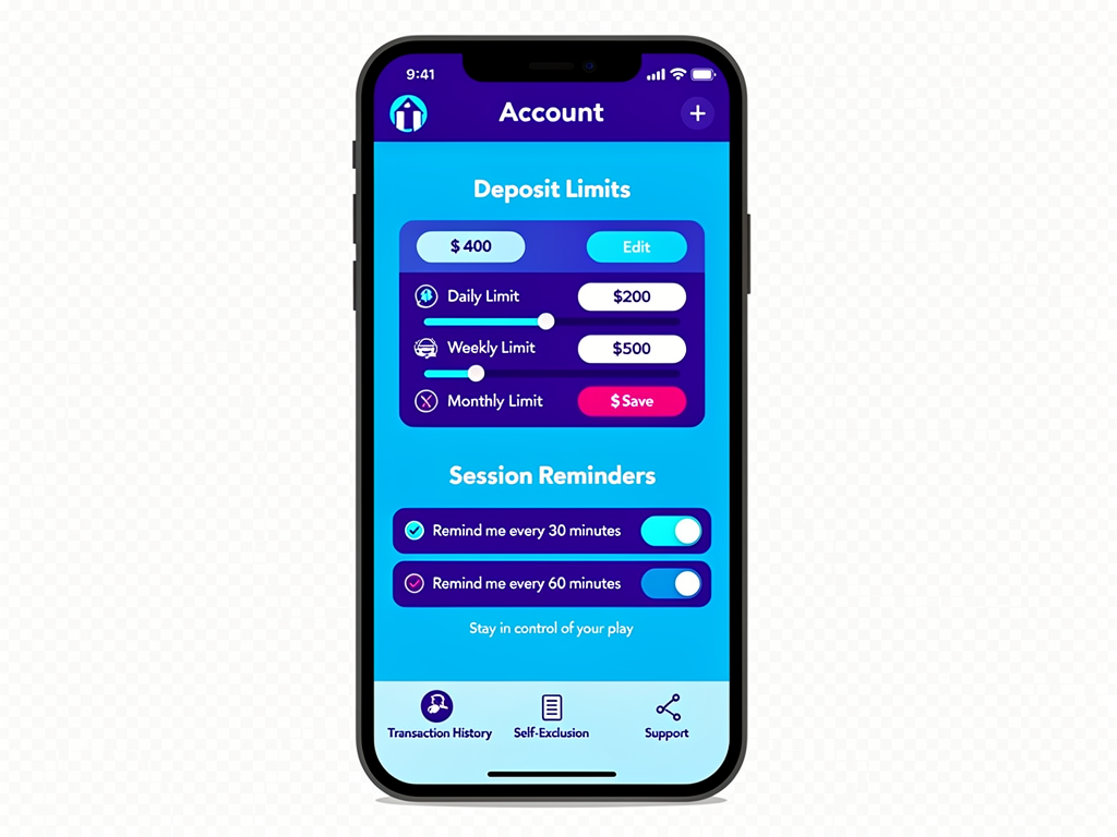 A mobile pokies account page with deposit limits and session reminders visible.