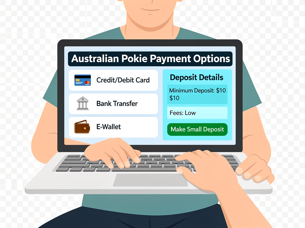A player comparing Australian pokie payment options on a laptop before making a small deposit.